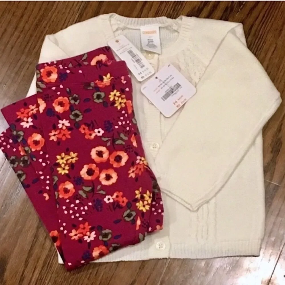 Ivory Cardigan Floral Leggings Headband Set Sz 2T - Picture 4 of 8
